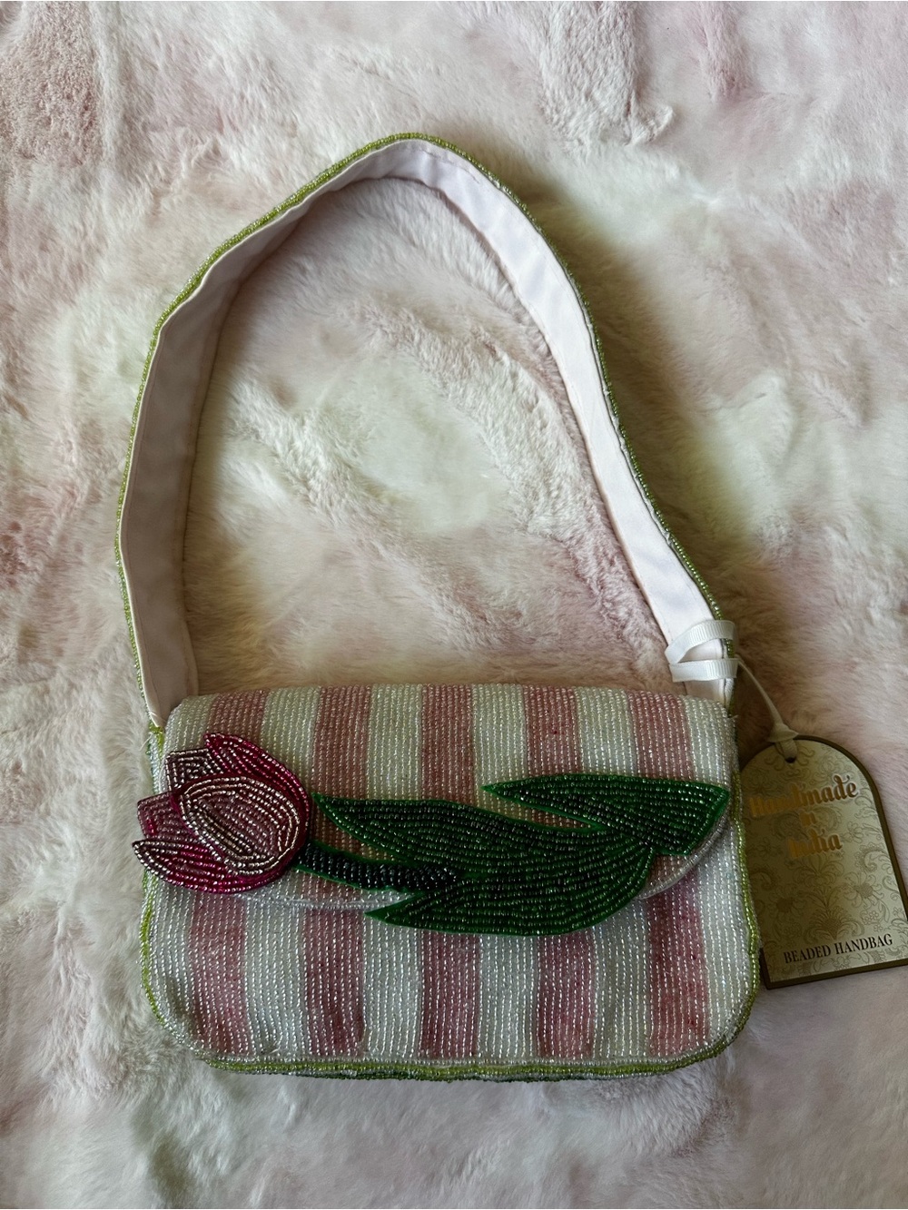 Tulip - Beaded Pink & White Shoulder Bag Purse - Handcrafted in India NWT
